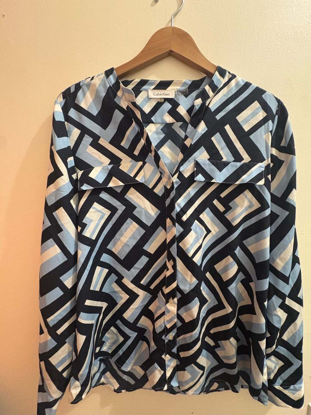 Calvin Klein Geometric Print Long Sleeve Button Down Blouse